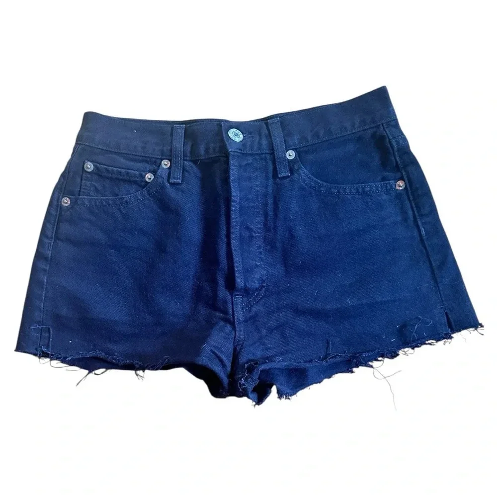 RE/DONE Boho Trendy Black High Rise Denim Shorts – Cutoff Raw Hem, Size 27